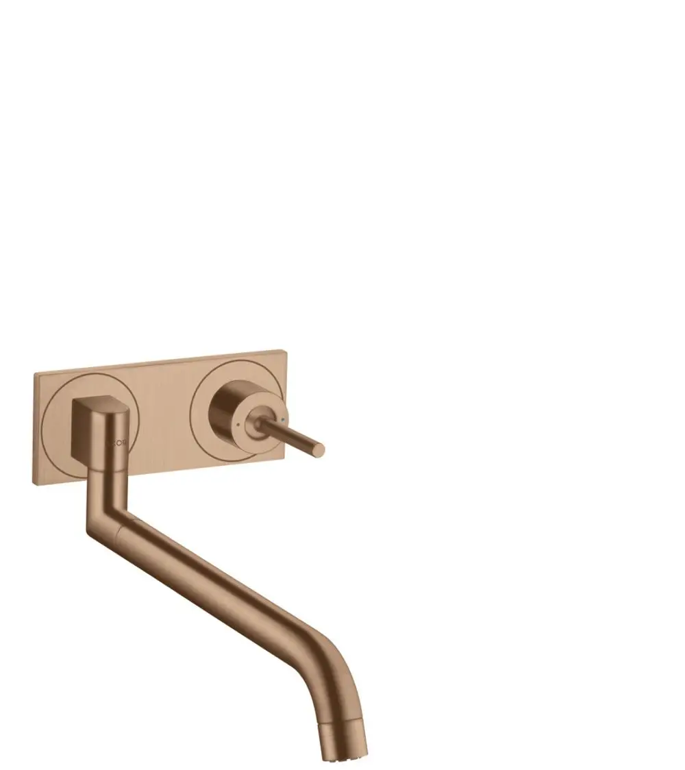 AXOR Wandmontage Küchenmischer mit einhebeliger Bedienung in gebürstetem Rotgold. Die Armatur hat einen langen, gebogenen Auslauf und runde Bedienelemente.